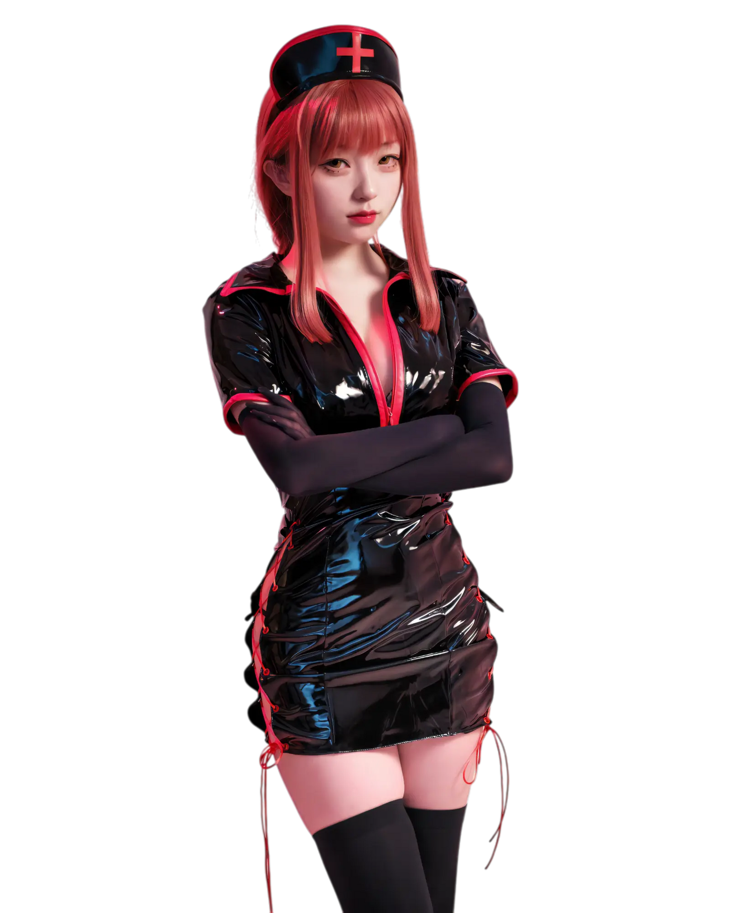 Nurse Makima latex cosplay costume for anime and Chainsaw Man fans. black front