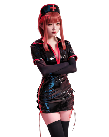 Makima glossy latex-look nurse cosplay, front view