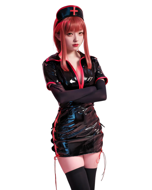 Nurse Makima latex cosplay costume for anime and Chainsaw Man fans. black front