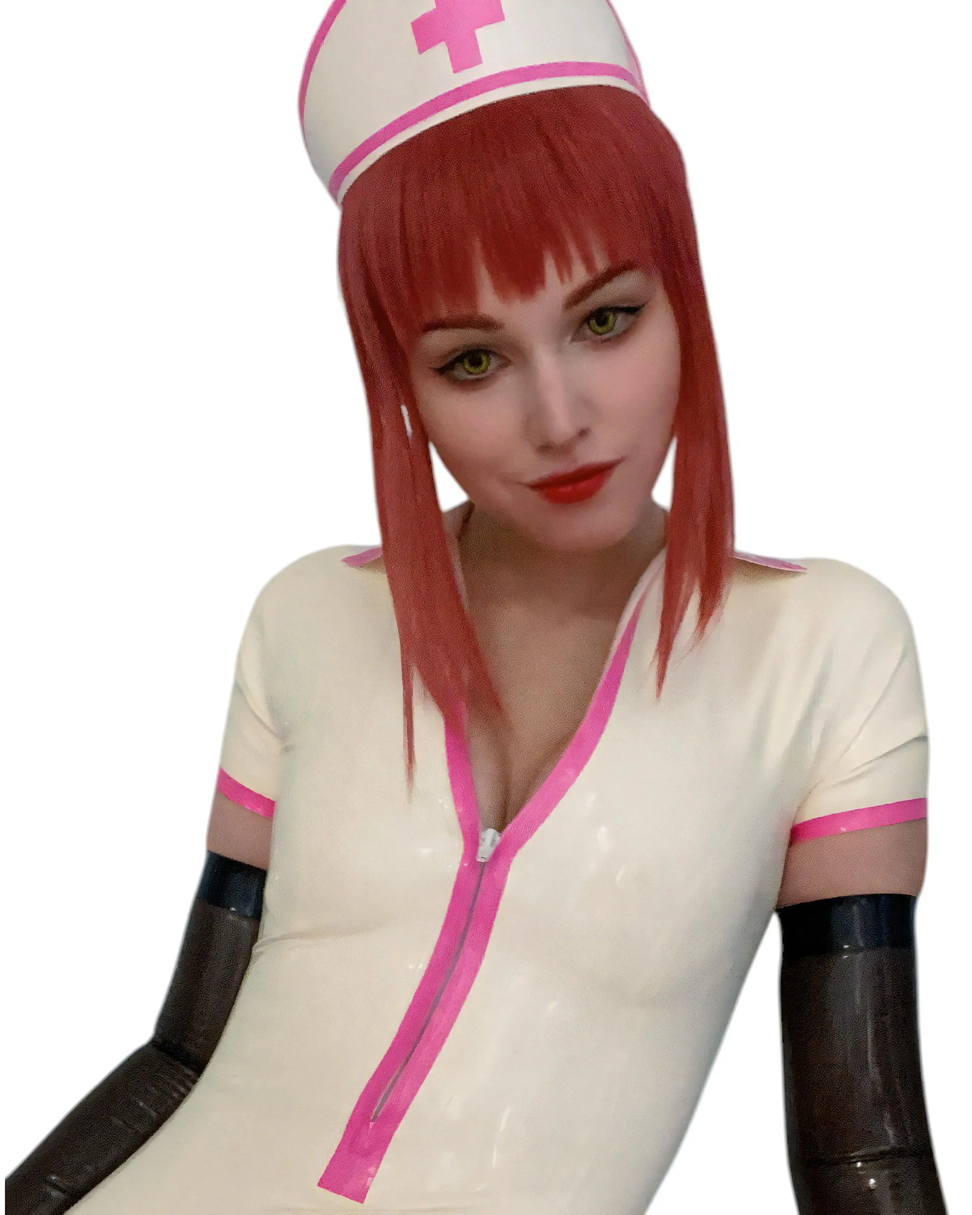 Nurse Makima latex cosplay costume for anime and Chainsaw Man fans. white close up