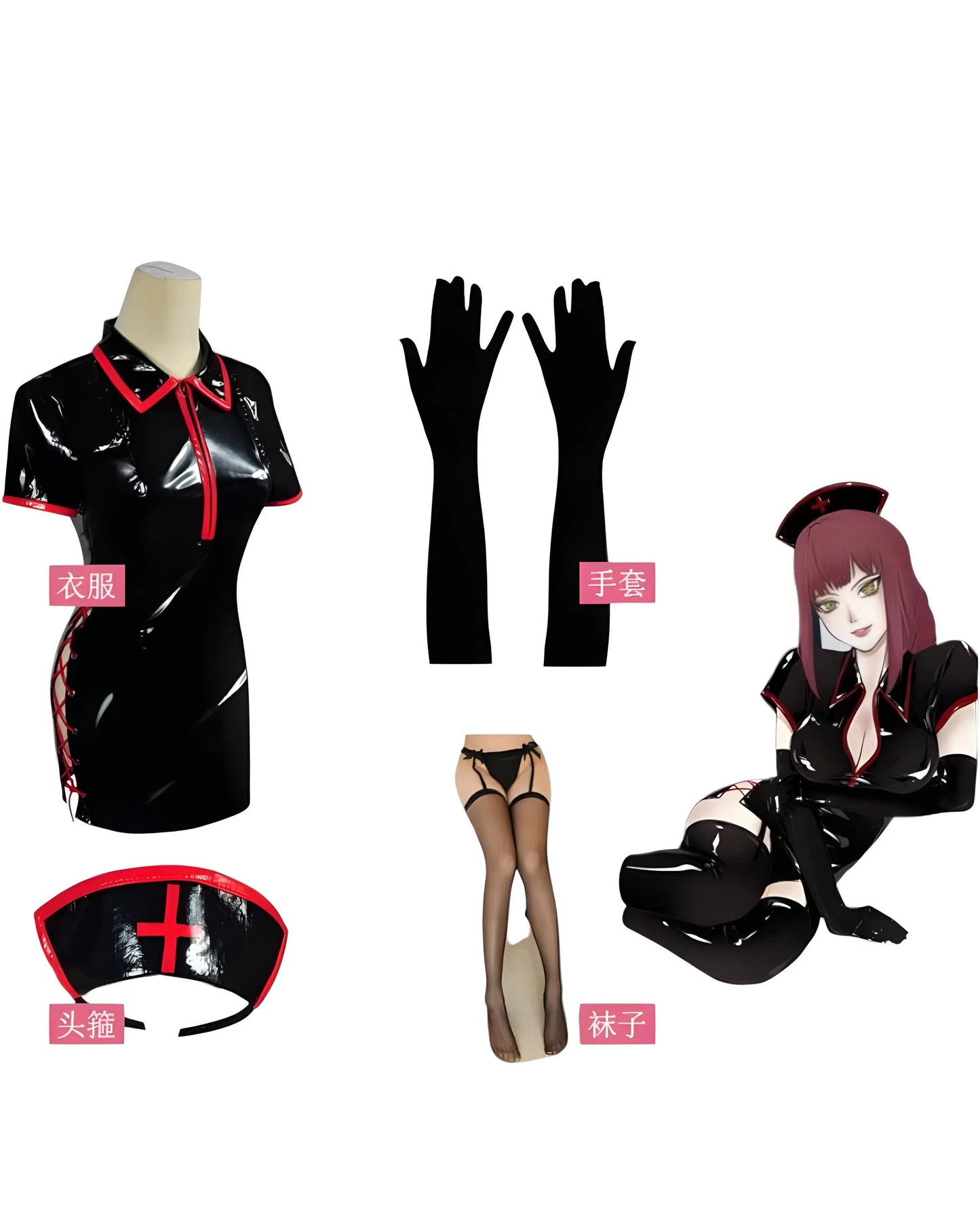 Nurse Makima latex cosplay costume for anime and Chainsaw Man fans. black costume