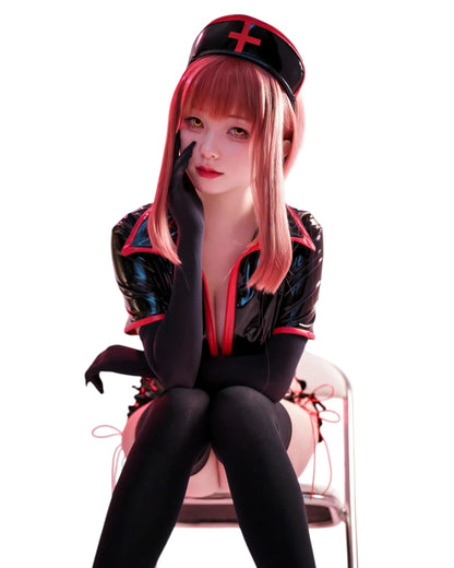 Nurse Makima latex cosplay costume for anime and Chainsaw Man fans. black on chair close up