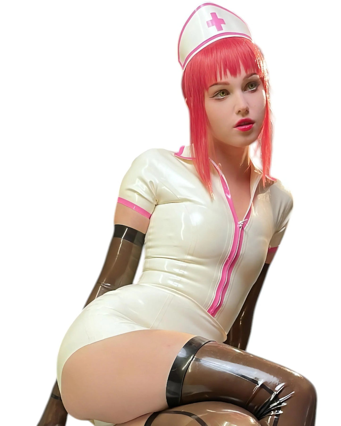 Nurse Makima latex cosplay costume for anime and Chainsaw Man fans. white side