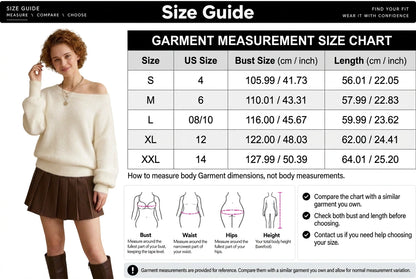 Garment size guide for the ivory off shoulder fuzzy sweater, sizes S through XXL
