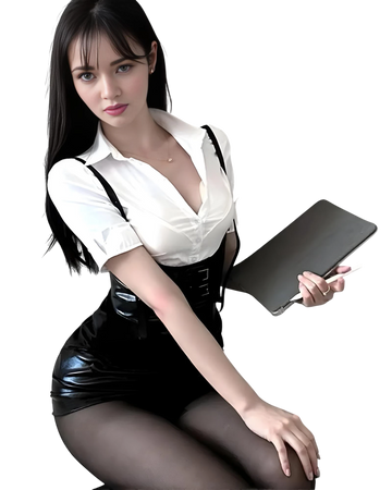 Woman in a white blouse and black leather outfit holding a black clutch against a white background