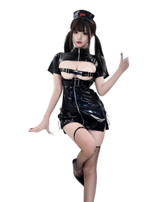 Person wearing a black maid costume with fishnet stockings on a white background