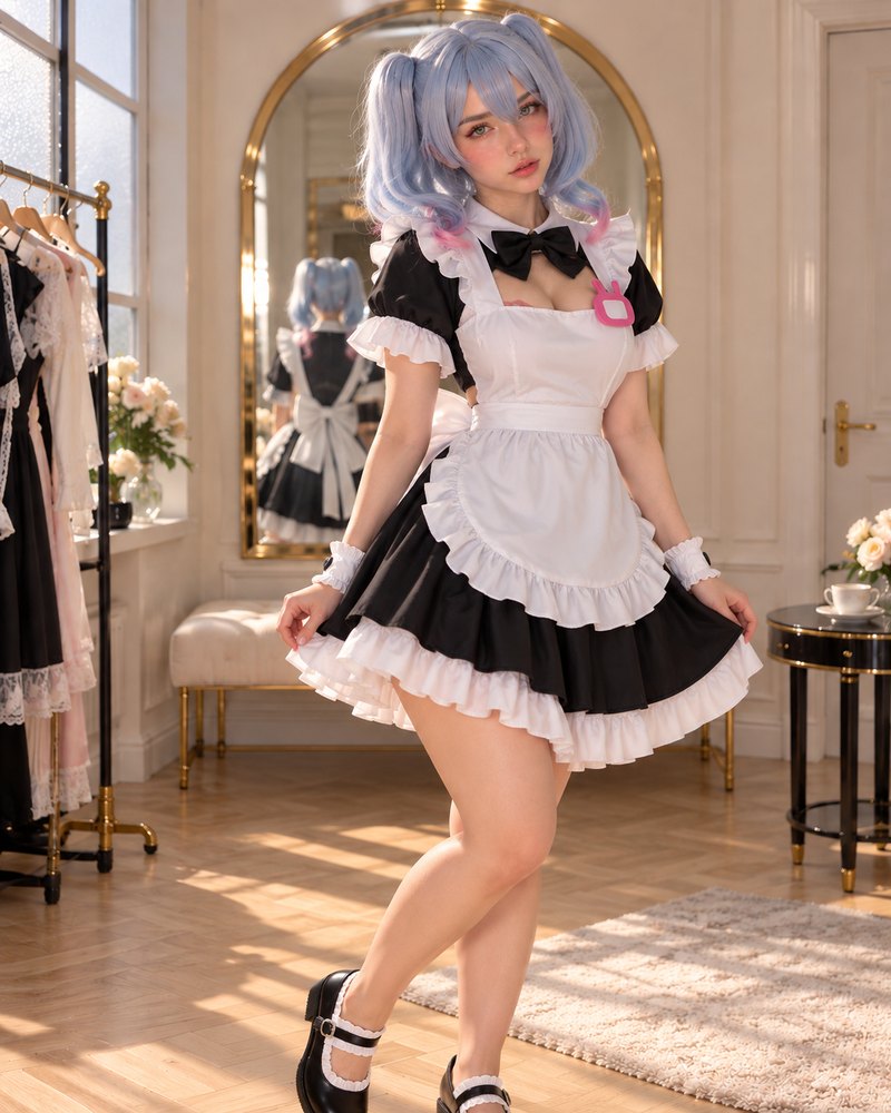 Full look view of a pastel blue wig with a ruffled black and white maid cosplay dress.