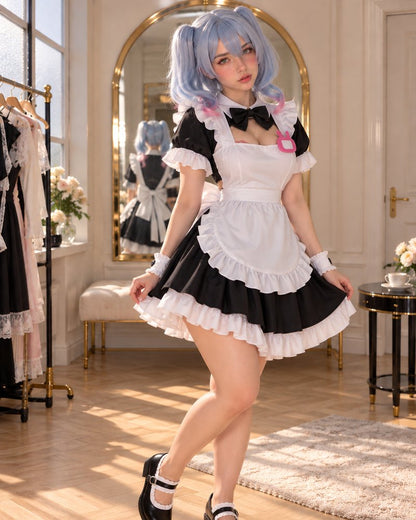 Full look view of a pastel blue wig with a ruffled black and white maid cosplay dress.