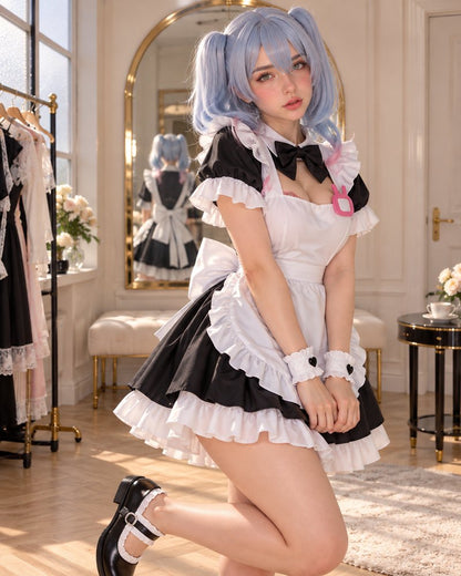 Three-quarter pose in a black and white maid cosplay dress with ruffled apron.