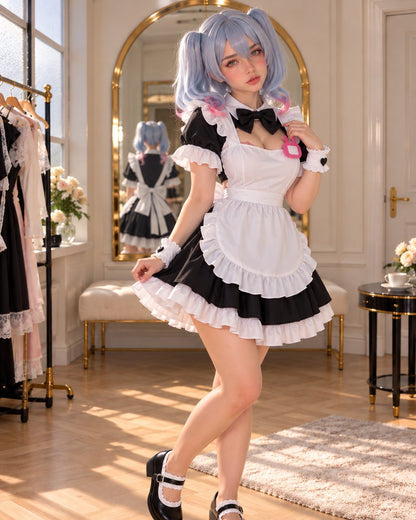 Model wearing a maid cosplay dress in an elegant dressing room.