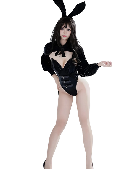 Person wearing a black bunny costume with long black gloves and sheer white stockings on a white background.