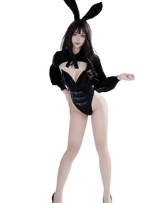 Person wearing a black bunny costume with long black gloves and sheer white stockings on a white background.