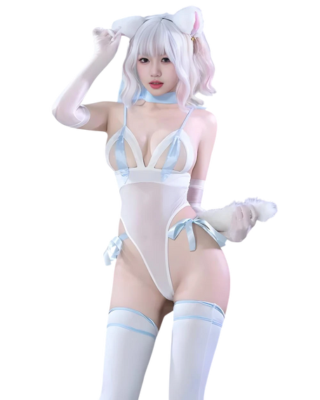 Person wearing a revealing outfit with white stockings and a white background