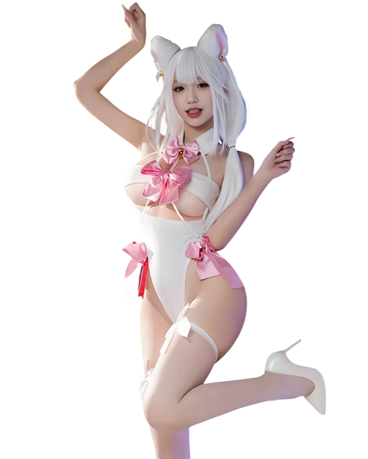 Person wearing a cat-themed costume with pink bows and white hair on a white background