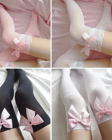Pink bow lace-trim thigh-high stockings 4:5 portrait gallery view 1