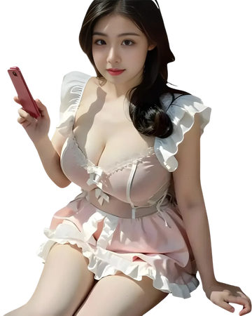 Pink housekeeper dress with lace trim and headgear sitting 2