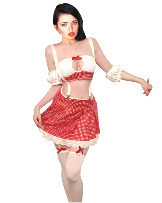 Woman wearing a red and white costume with a white background