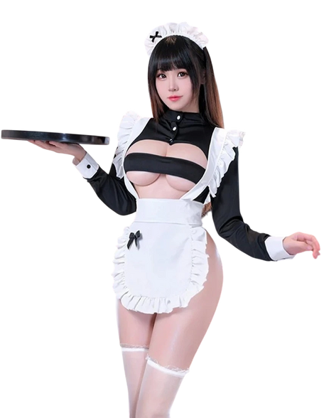 Person wearing a black and white maid costume holding a tray on a white background