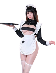 Person wearing a black and white maid costume holding a tray on a white background