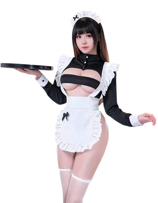 Person wearing a black and white maid costume holding a tray on a white background