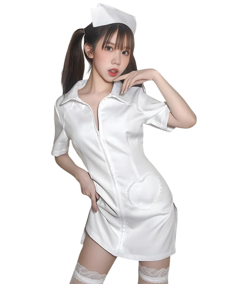 Person wearing a white nurse outfit with a hat on a white background
