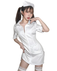 Person wearing a white nurse outfit with a hat on a white background