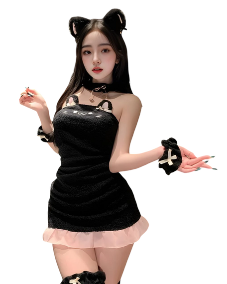 Woman in a black cat-themed outfit with ears and paws on a white background