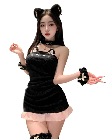 Woman in a black cat-themed outfit with ears and paws on a white background
