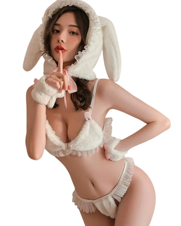 Plush Bunny Lingerie Set - White Lace with Ears & Tail, primary product view