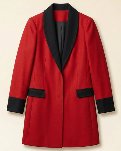 A red coat with black shawl collar, cuffs, and pocket flaps, shown against a light beige background.