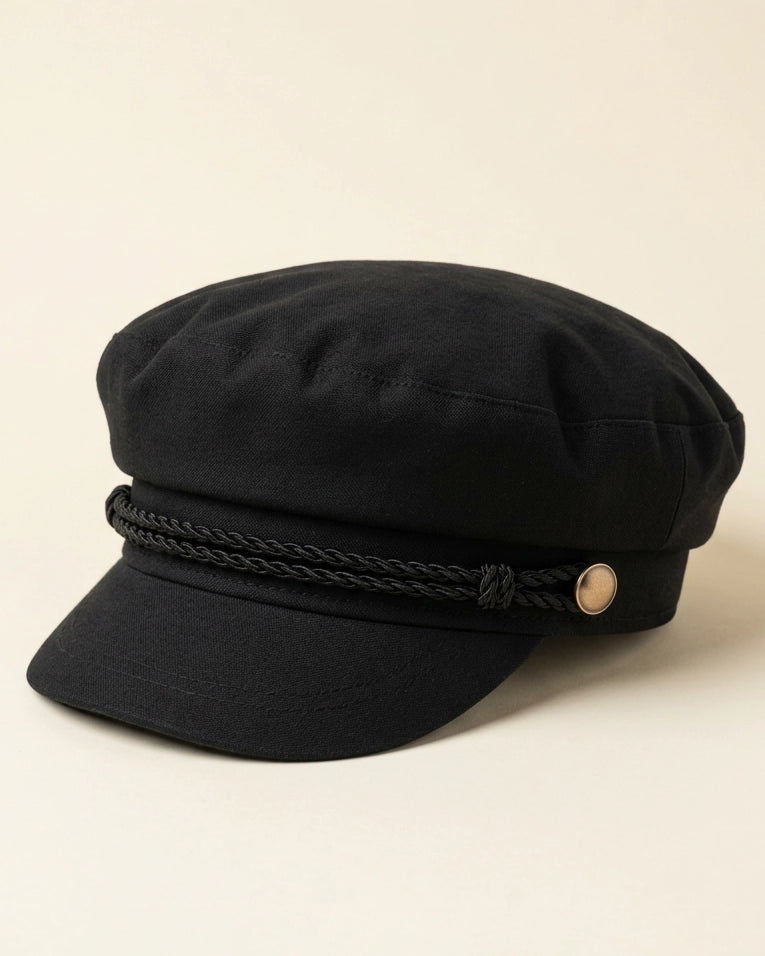 A black newsboy cap with a braided black rope detail across the front and a small round gold-tone button, shown on a plain beige background.