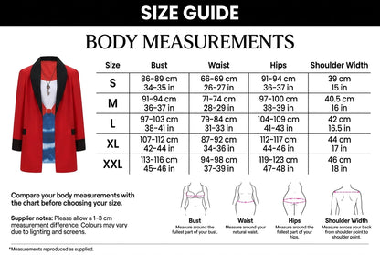 A size guide chart for body measurements showing body measurement tables for S, M, L, XL, and XXL with bust, waist, hips, and shoulder width in inches and centimeters. The chart includes a red and black size chart graphic and body outline illustrations.