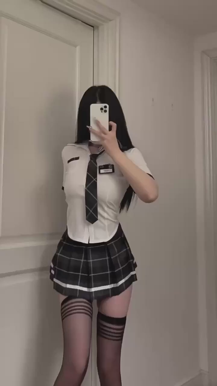 Sexy schoolgirl outfit with pleated mini skirt, a stylish school girl costume for cosplay video rap dance