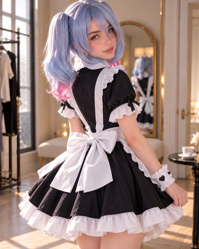 Model wearing a black and white puff sleeve Rabbit Hole inspired maid cosplay dress.