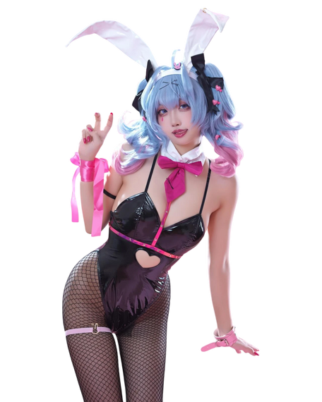 Person in a bunny costume with blue hair and pink accents on a white background