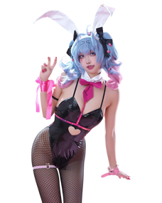 Person in a bunny costume with blue hair and pink accents on a white background