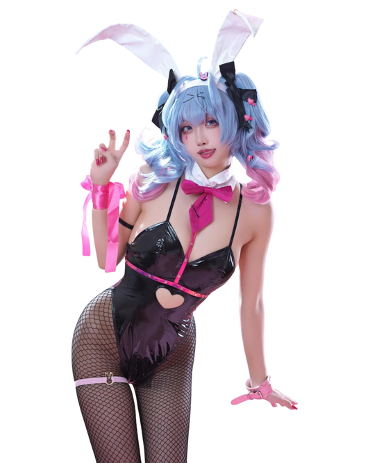 Person in a bunny costume with blue hair and pink accents on a white background