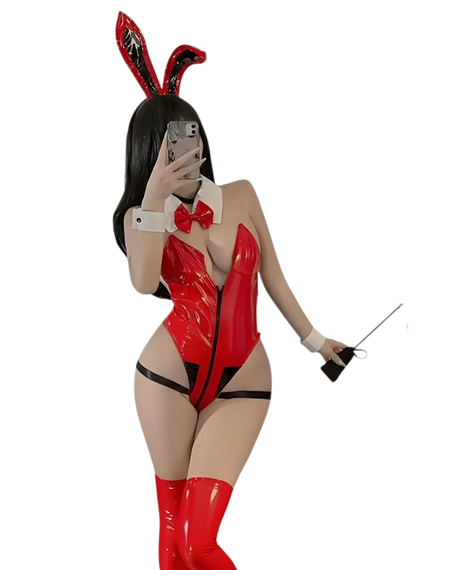 Model wearing the complete red bunny costume set with ears, collar, cuffs, posing seductively.