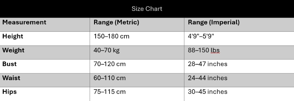 Size chart for clothing measurements in both metric and imperial units