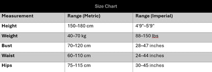 Size chart for clothing measurements in both metric and imperial units