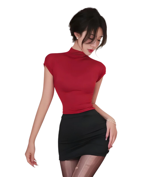 Woman wearing a red top and black skirt on a white background