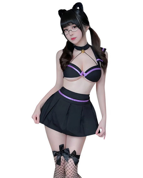 Person wearing a black and purple maid outfit with a white background