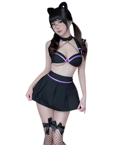 Person wearing a black and purple maid outfit with a white background