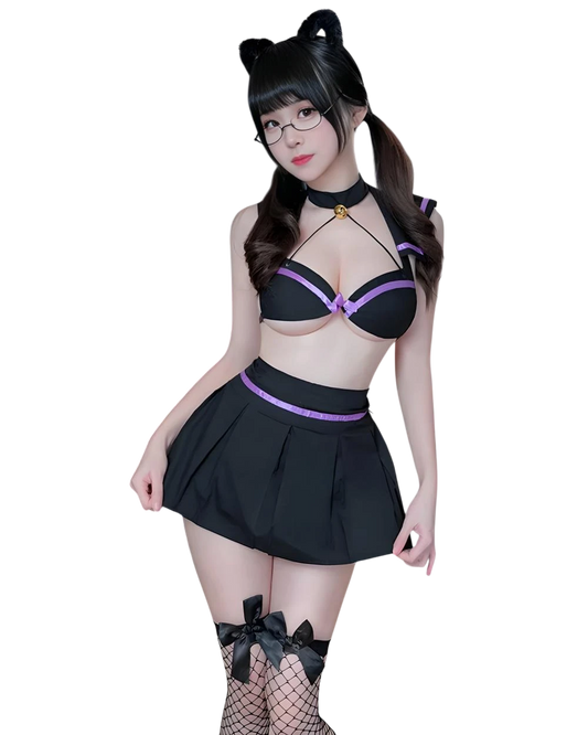 Person wearing a black and purple maid outfit with a white background