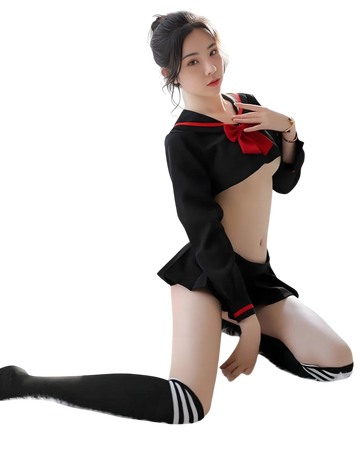Person wearing a black and red outfit with a bow tie on a white background