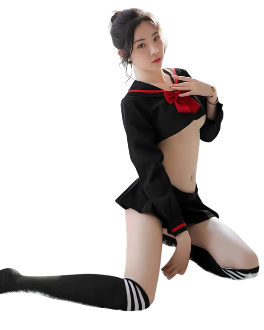 Person wearing a black and red outfit with a bow tie on a white background
