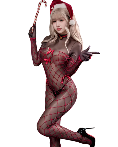 Person wearing a fishnet outfit with red accents and a Santa hat, holding candy canes.