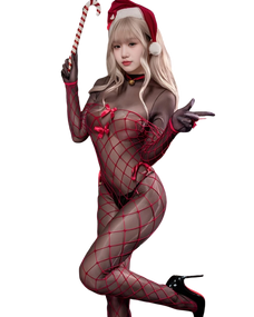 Person wearing a fishnet outfit with red accents and a Santa hat, holding candy canes.