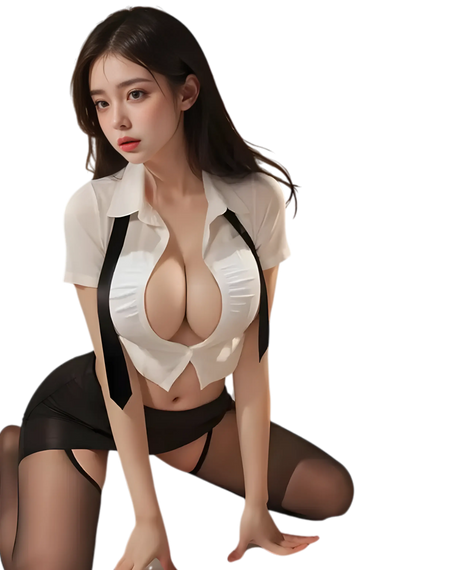 Model wearing a revealing hot secretary cosplay with a black mini skirt, white cropped blouse, and necktie, styled for roleplay or cosplay.