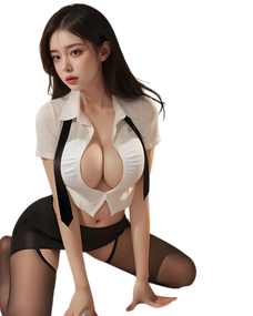 Model wearing a revealing hot secretary cosplay with a black mini skirt, white cropped blouse, and necktie, styled for roleplay or cosplay.
